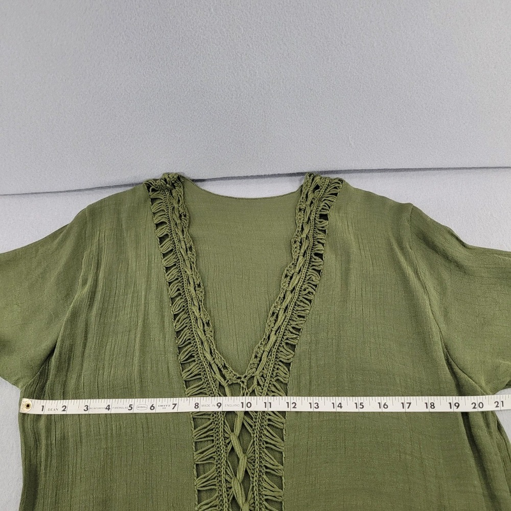 Olive Green Swim Coverup Crochet Lace Trim V-Neck Midi 0XL - Picture 6 of 8